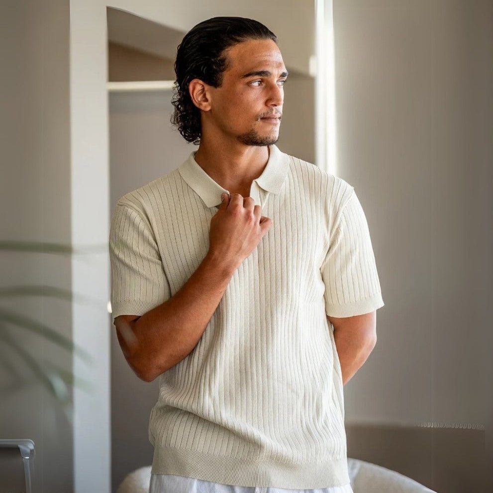 Camisa polo masculina bege canelada sollome, visual premium moderno e sofisticado