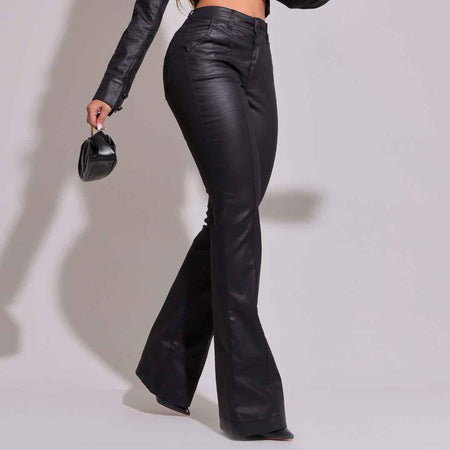 Calça Flare Encerada Bolso Faca Preta Itália - RX5008PTA