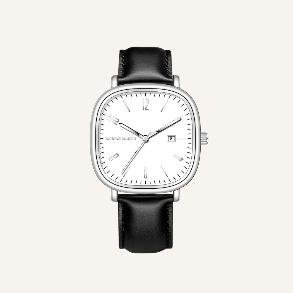 Relogio masculino quadrado retrô branco em couro, visual sofisticado com design moderno e elegante