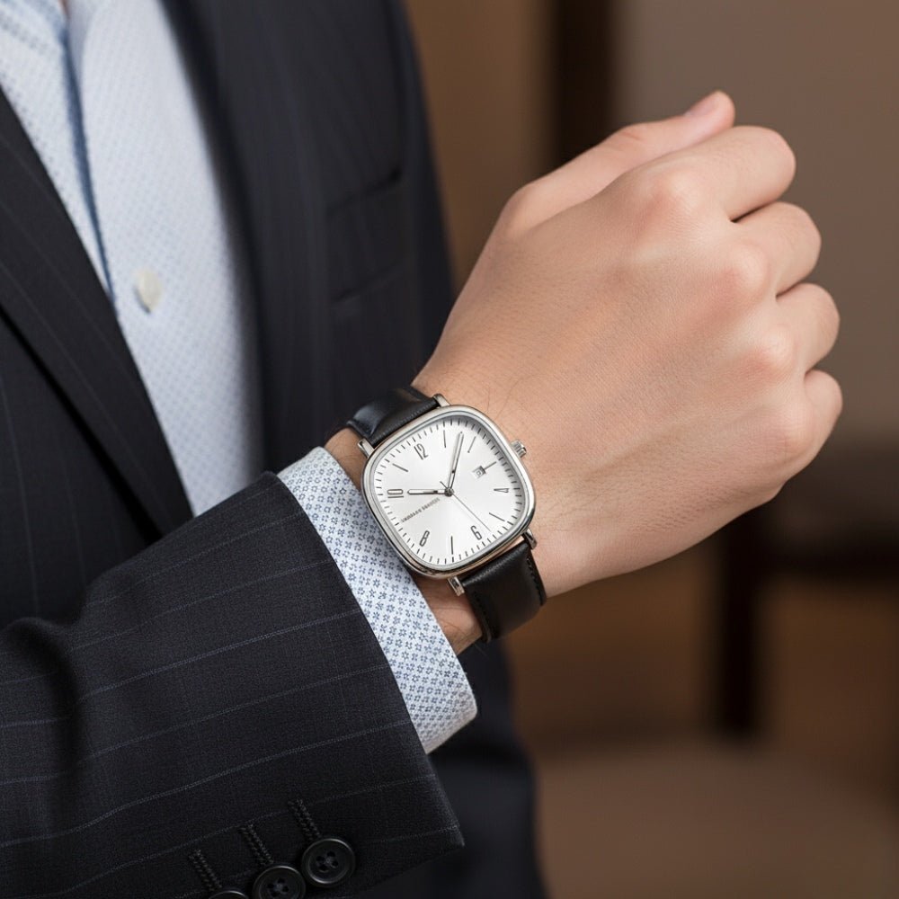 Relogio masculino branco quadrado retrô em couro, estilo refinado com acabamento premium e visual moderno