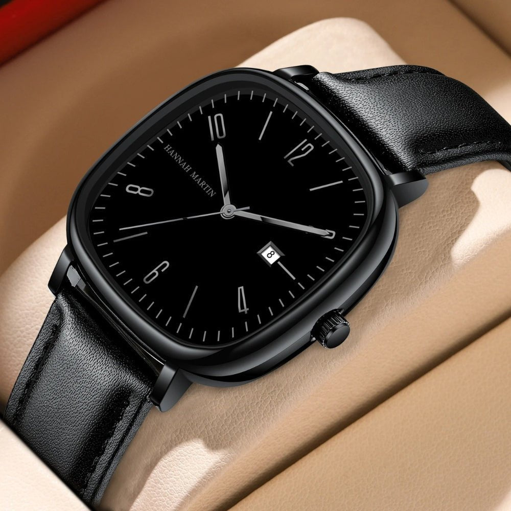 Relogio masculino preto quadrado retrô em couro, estilo classico com acabamento refinado e premium