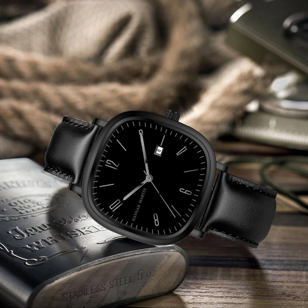 Relogio masculino retrô preto em couro, design elegante com estilo premium para qualquer ocasiao