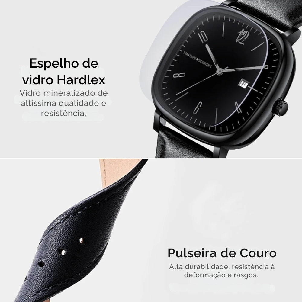 Relogio quadrado masculino preto em couro, acabamento sofisticado com visual classico e moderno