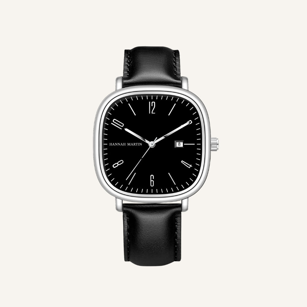 Relogio masculino preto com prata quadrado retrô em couro, estilo classico com acabamento refinado