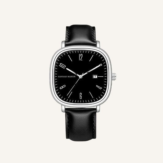 Relogio masculino preto com prata quadrado retrô em couro, estilo classico com acabamento refinado