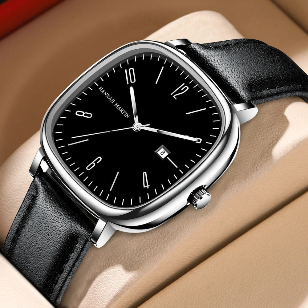 Relogio masculino quadrado retrô preto com prata em couro, visual sofisticado com design elegante e moderno