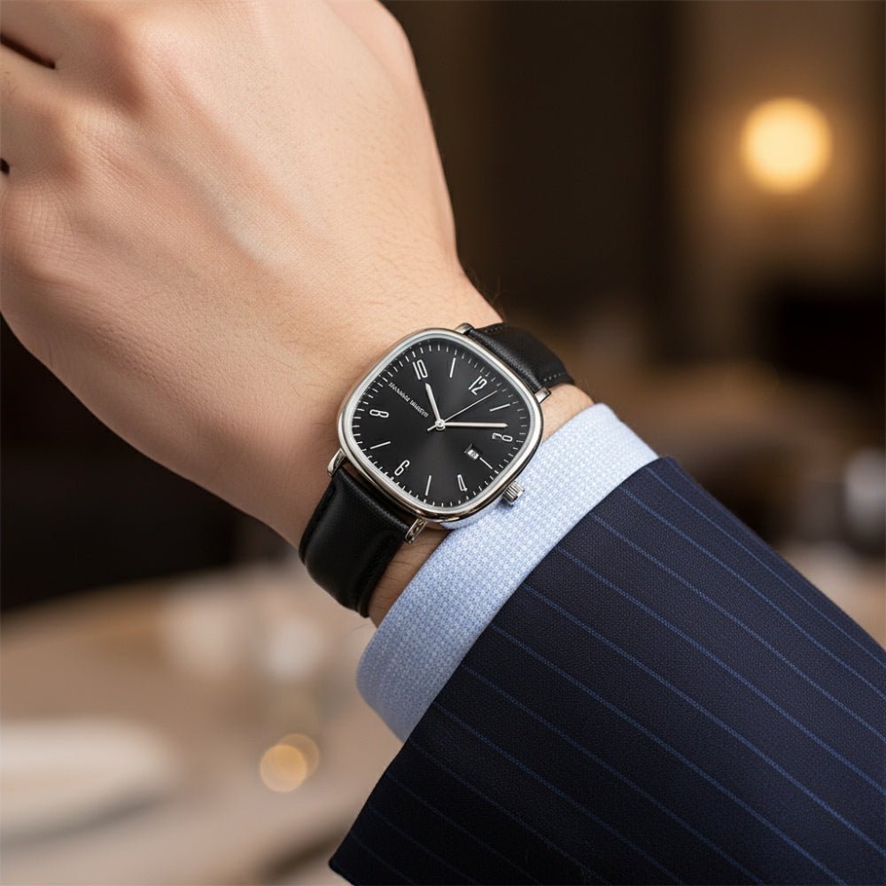 Relogio de couro masculino preto com prata quadrado retrô, acessorio elegante com visual premium e versatil