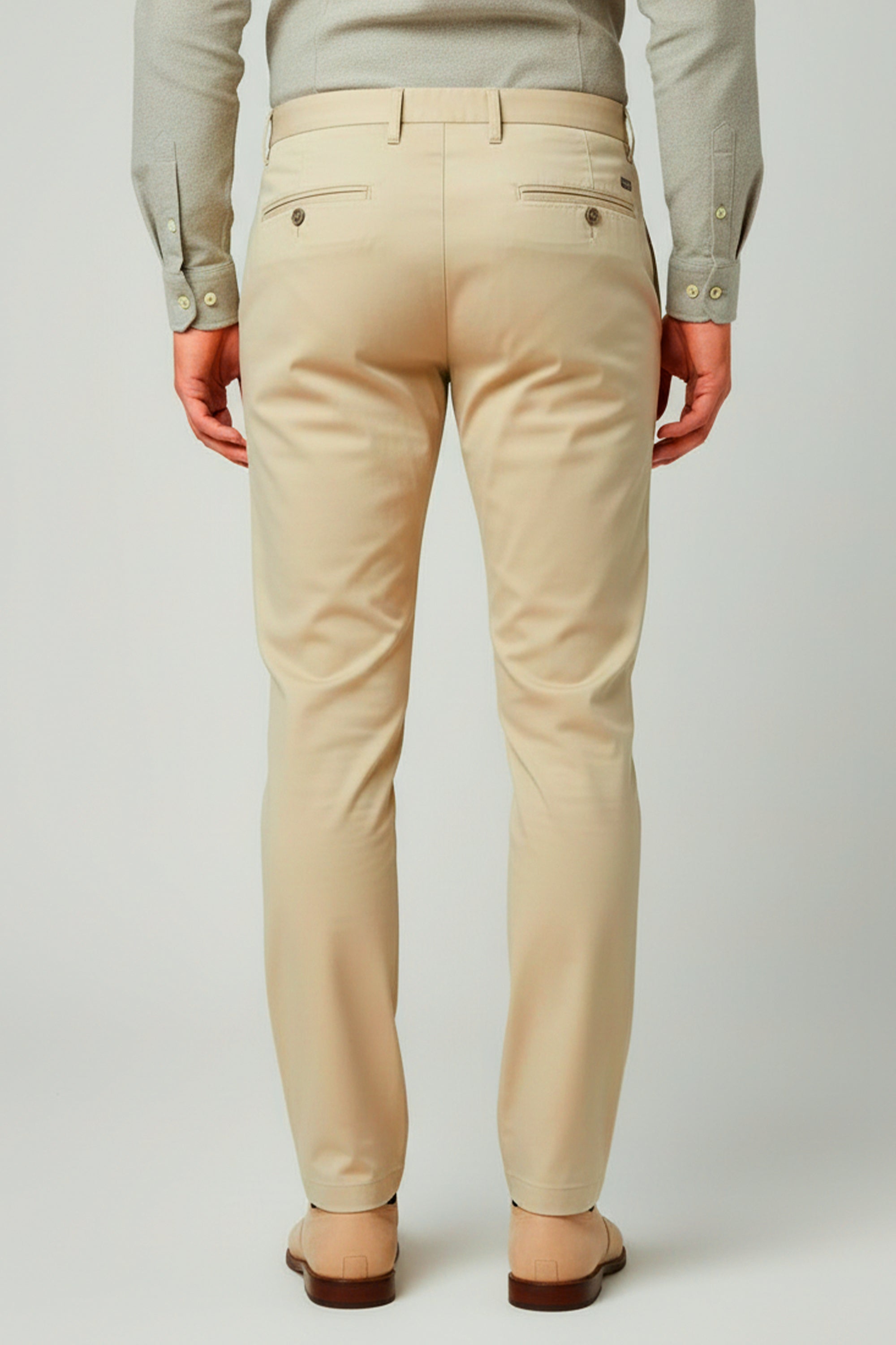 Calca sarja masculina bege algodao egipcio, visual sofisticado moderno e versati