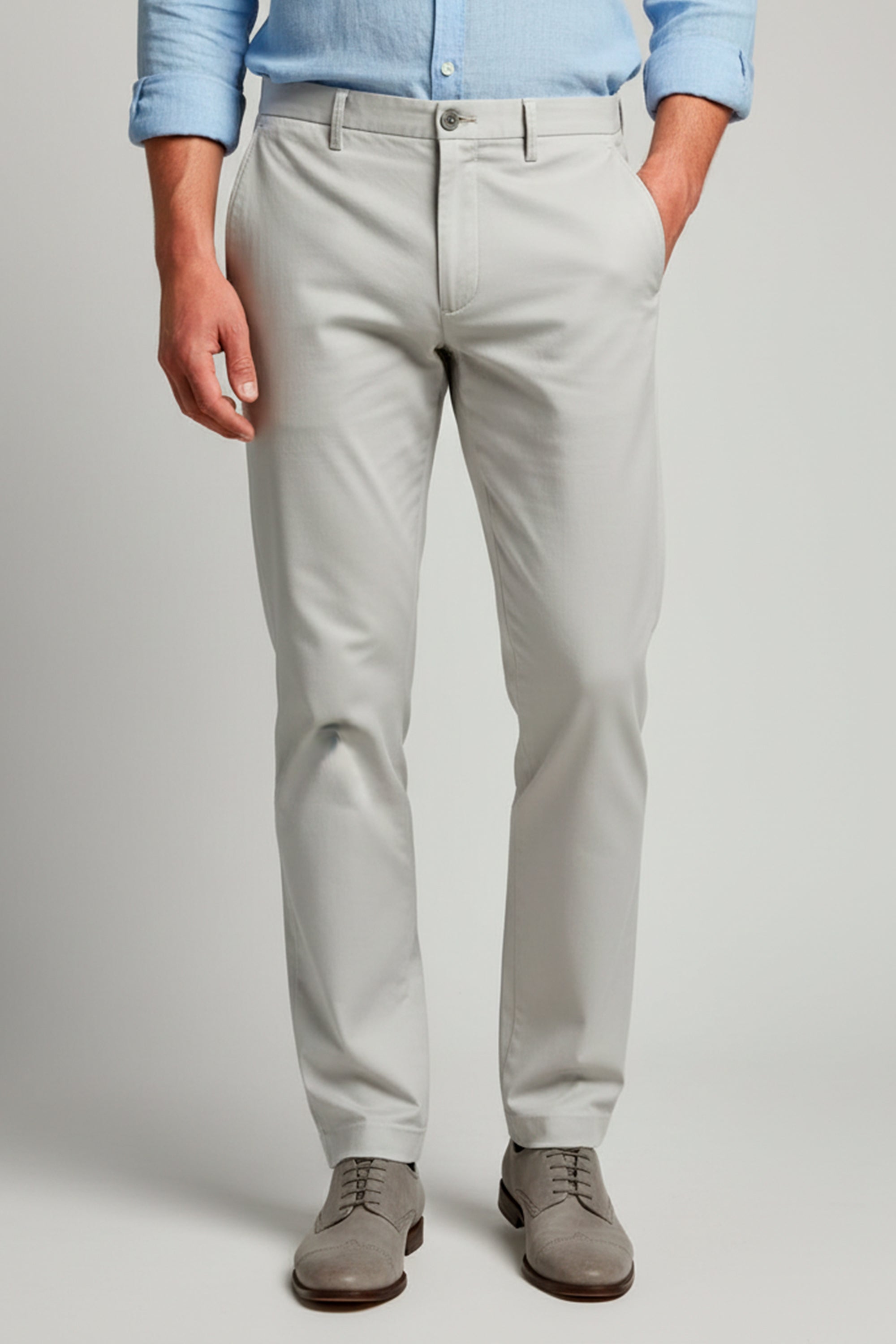 Calca sarja masculina cinza claro em algodao egipcio, estilo premium leve elegante e confortavel