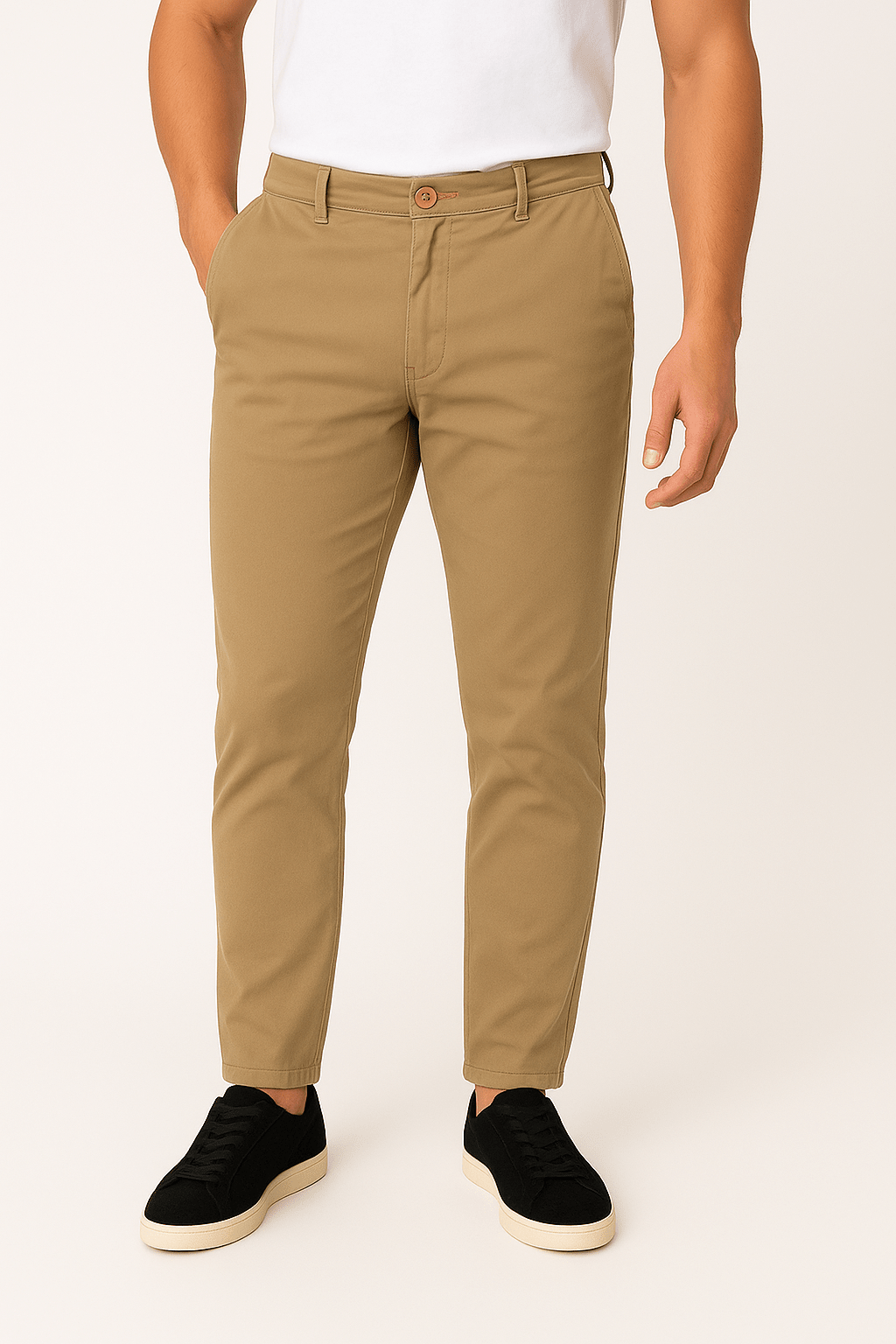 Calça sarja slim iron caqui, o clássico indispensável com toque macio e modelagem moderna que garante elegância e liberdade de movimento