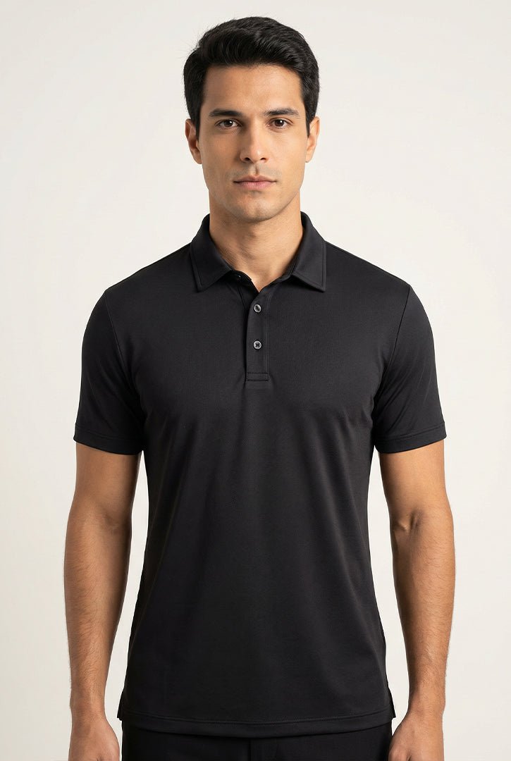 Polo masculina preta San Marino em piquet poliamida, visual elegante com tecido resistente e confortavel