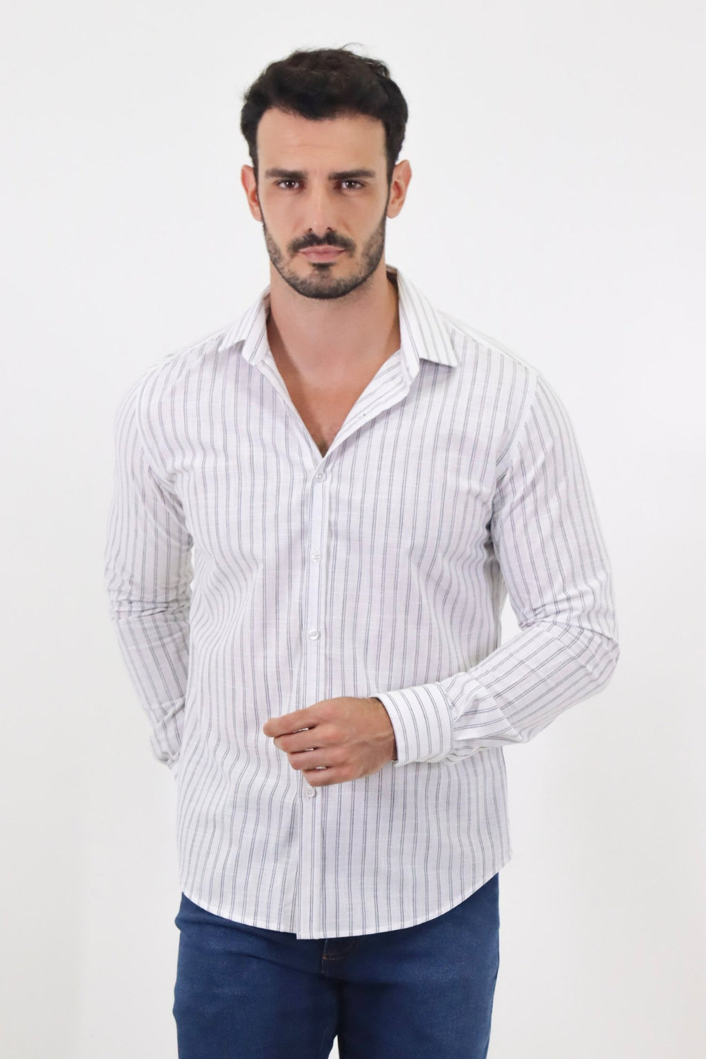 Camisa social masculina manga longa slim fit com listras duplas em algodao premium, estilo elegante moderno ideal para ocasioes formais e casuais