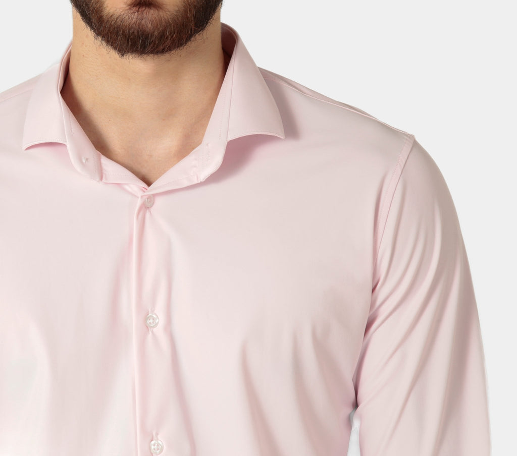 Camisa masculina rosa claro tech poliamida stretch, design funcional ultra leve com secagem rápida e proteção térmica, ideal para quem busca praticidade e estilo