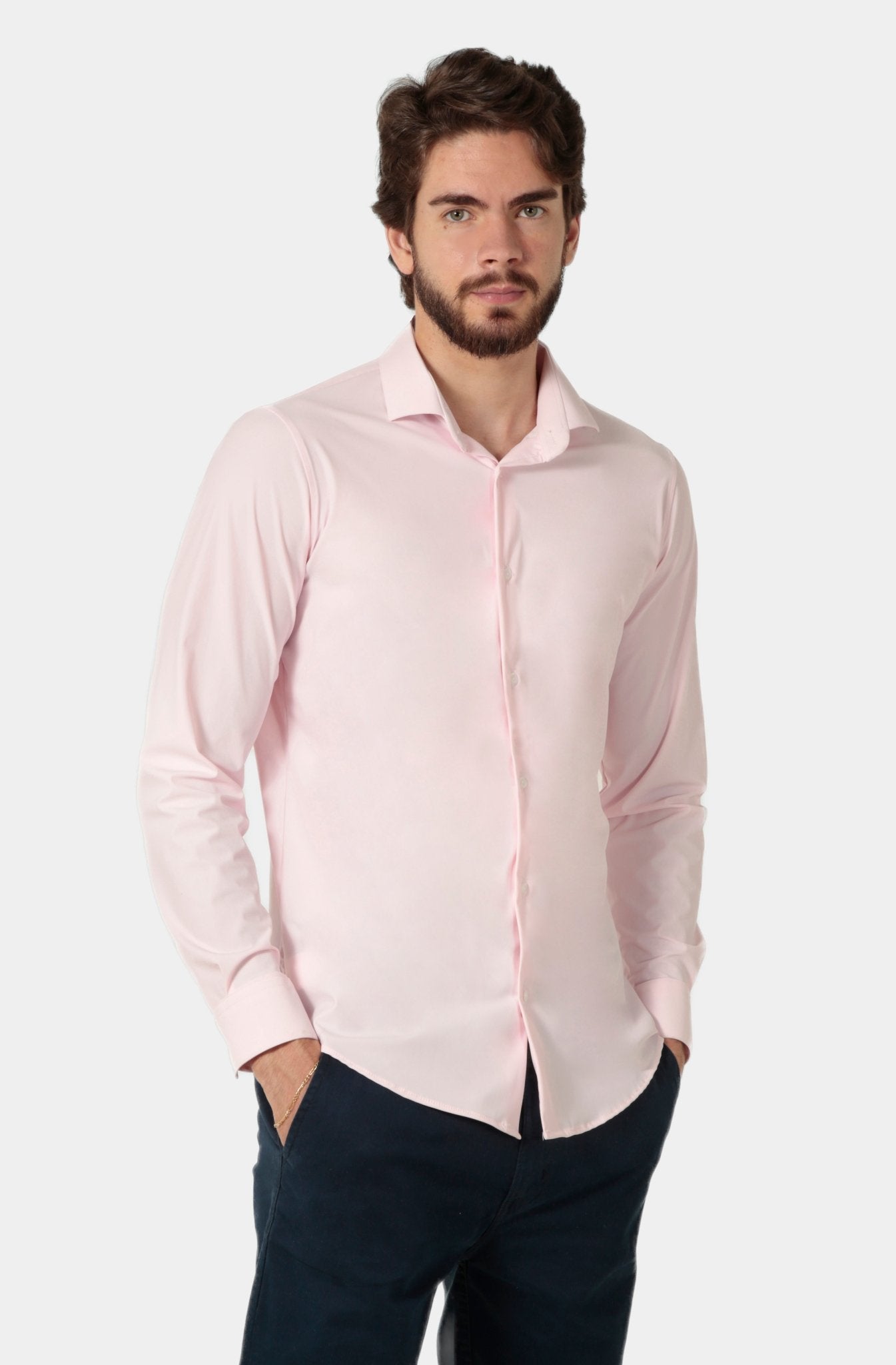 Camisa masculina rosa claro em poliamida tech stretch, tonalidade suave com tecnologia de toque frio e alta respirabilidade para um visual moderno e confortável