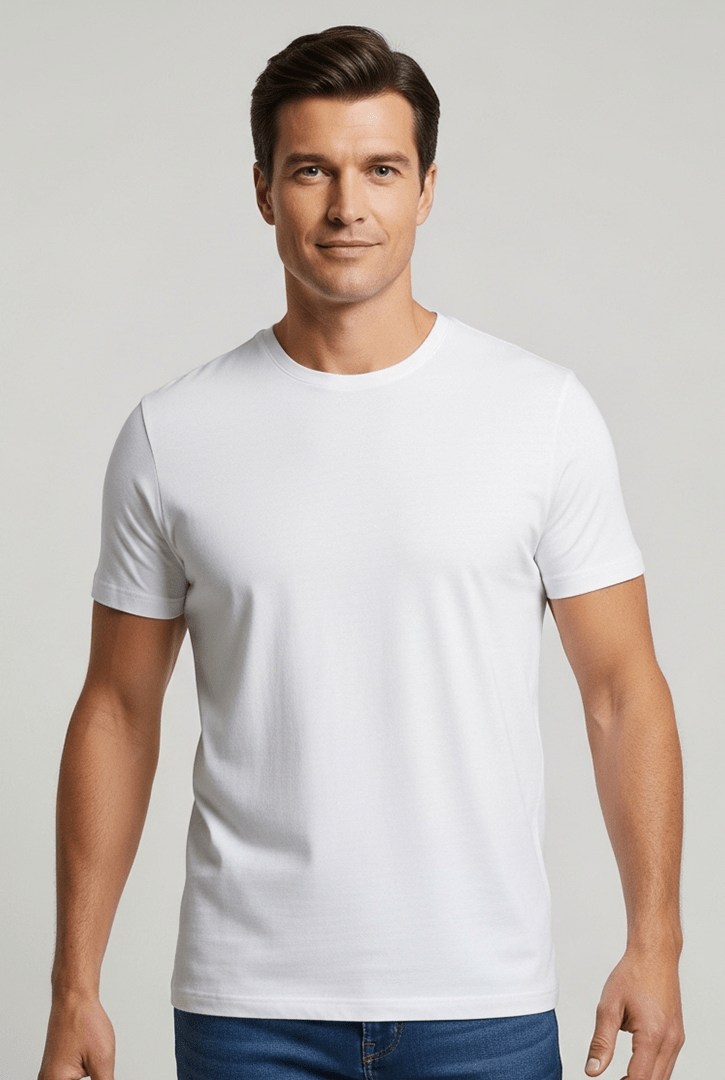 Camiseta básica masculina branca linha Work, confeccionada em algodão de alta resistência com reforço de gola e costuras duplas para máxima durabilidade no dia a dia