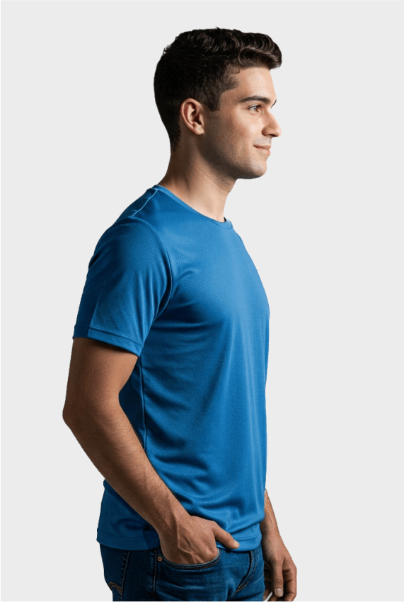 Camiseta fitness azul claro em poliamida dry infinity, tecido de alta elasticidade com toque macio e secagem rápida para conforto total durante o dia