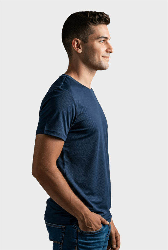 Camiseta fitness azul marinho em poliamida dry evolution, performance superior com secagem imediata e resistência para os treinos mais pesados