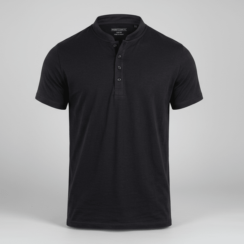 Camiseta henley preta masculina em algodao egipcio com gola padre, estilo moderno com toque macio e acabamento premium