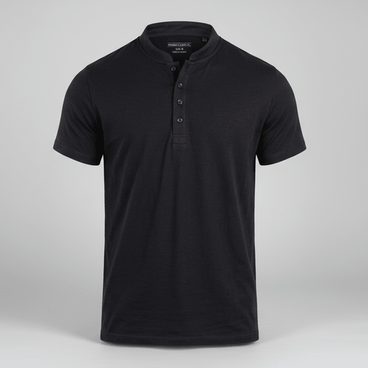 Camiseta henley preta masculina em algodao egipcio com gola padre, estilo moderno com toque macio e acabamento premium