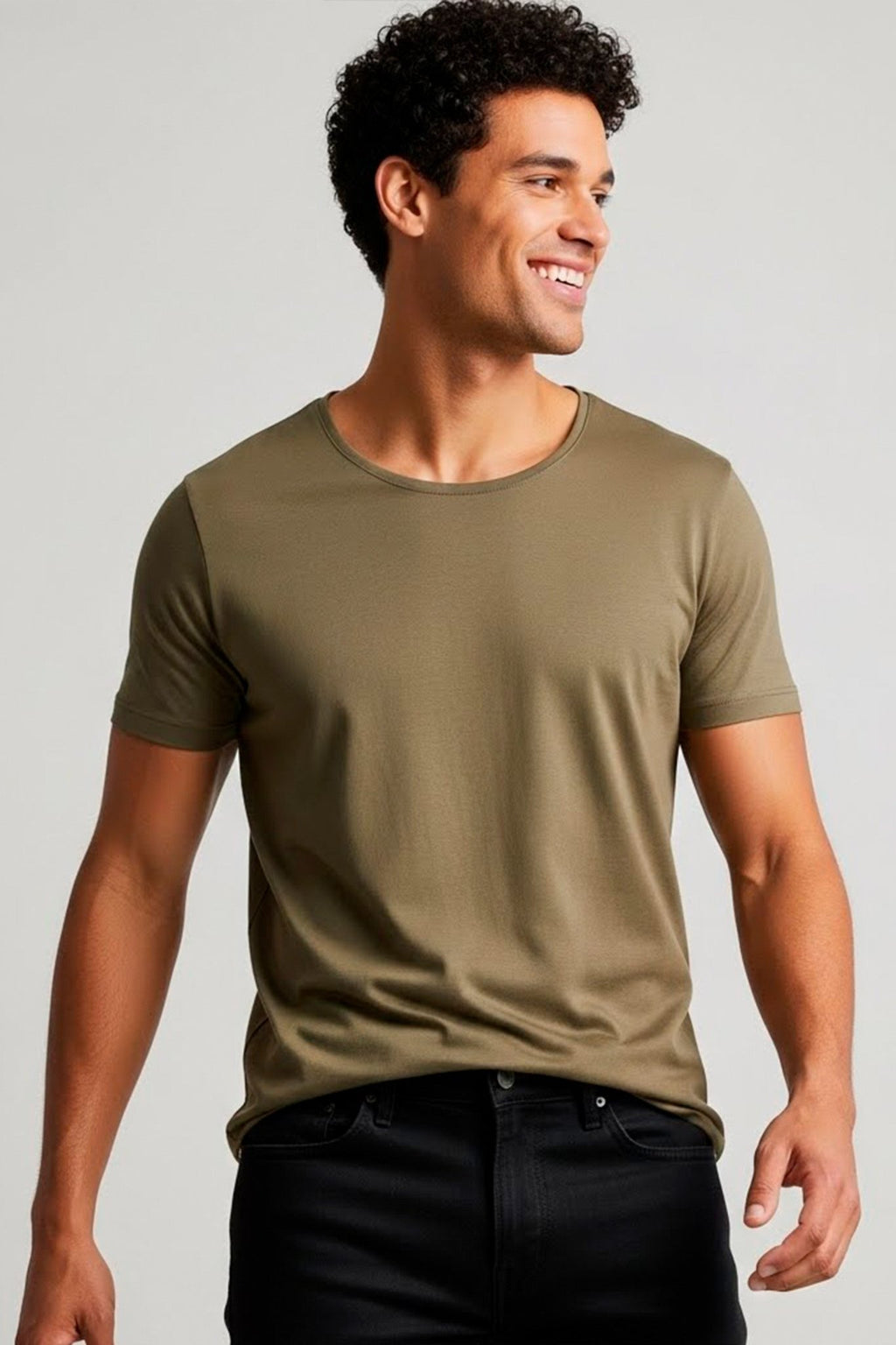 Camiseta masculina caqui em algodao premium, estilo casual moderno confortavel para o dia a dia