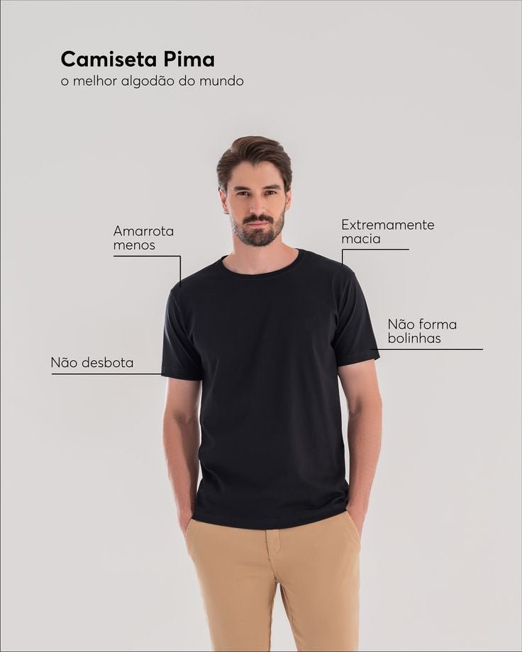 Camiseta masculina preta em algodao pima Malibu, conforto superior com visual elegante e versatil