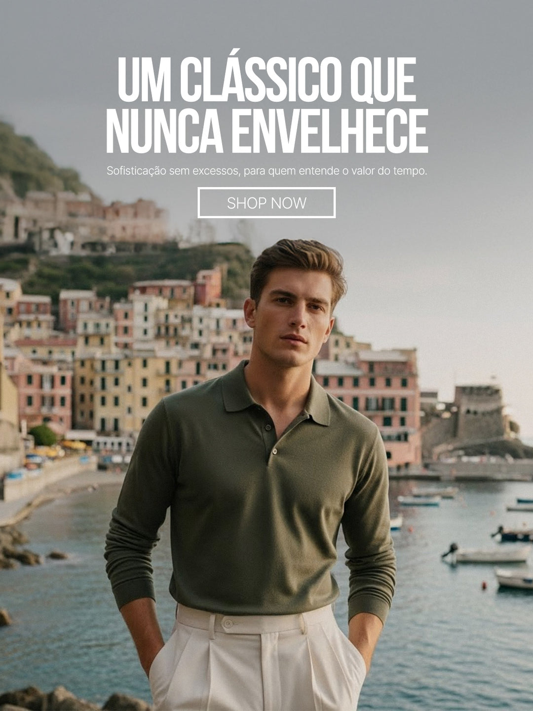 Banner mobile de moda masculina premium apresentando homem com camisa polo verde em estilo clássico e sofisticado. A imagem contém o texto "Um clássico que nunca envelhece" e convite para compra (Comprar agora) na loja oficial.
