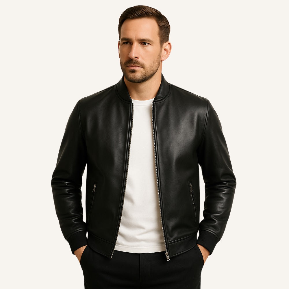 Jaqueta de couro masculina preta Gran Nero, visual moderno com caimento elegante e acabamento refinado