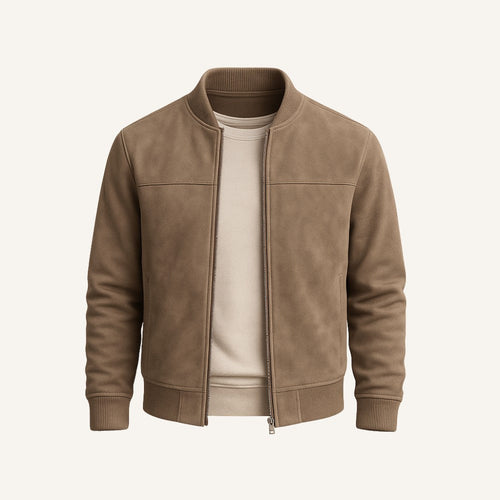 Jaqueta masculina de suede caqui Old Money Renoir, visual sofisticado com acabamento premium e estilo elegante
