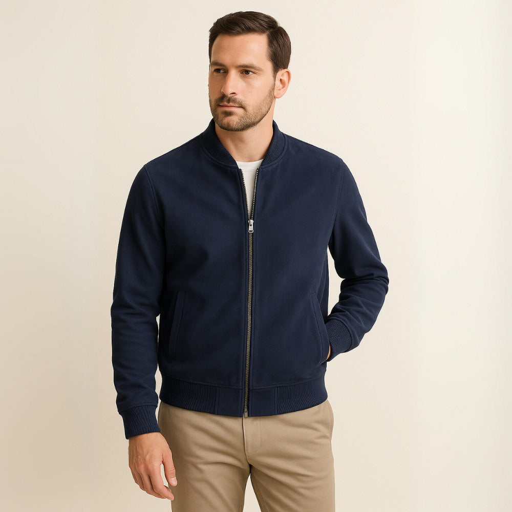 Jaqueta masculina azul marinho Renoir em suede, estilo old money com design refinado e moderno