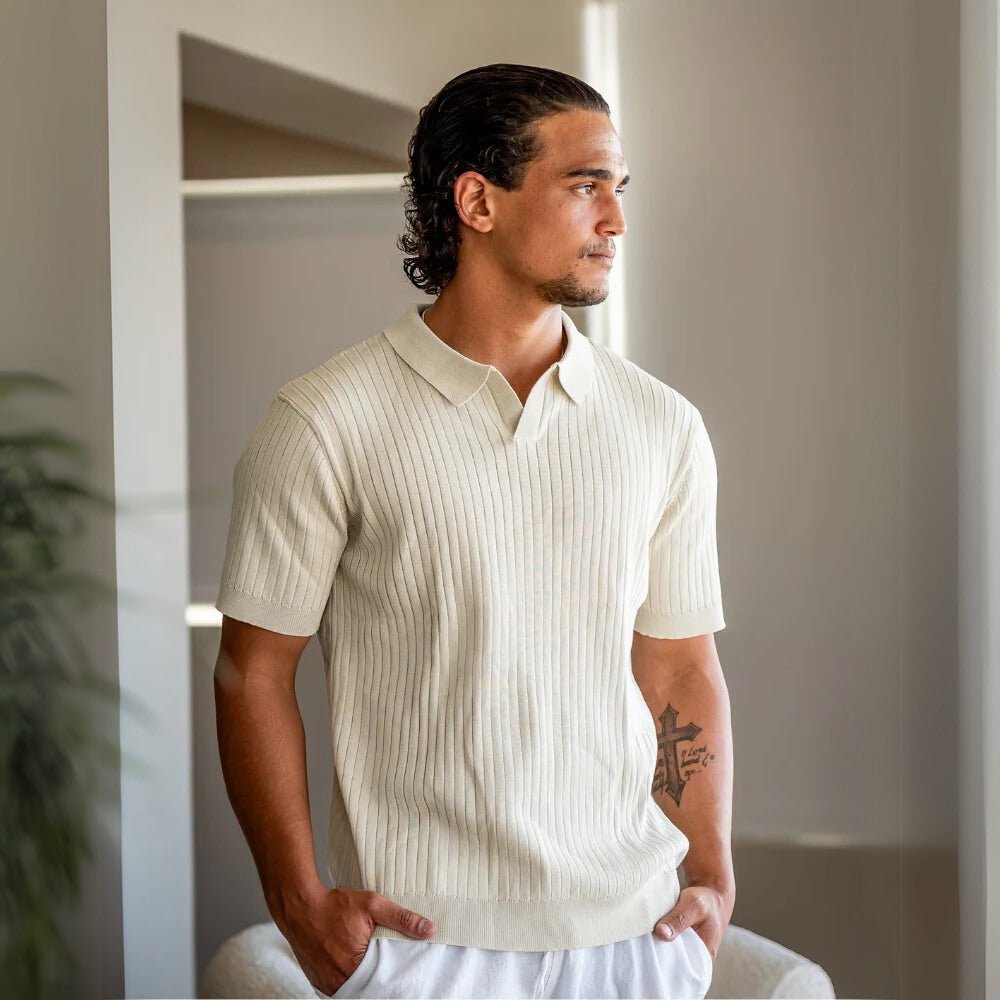 Camisa polo masculina canelada bege modelo sollome, ideal para look sofisticado moderno