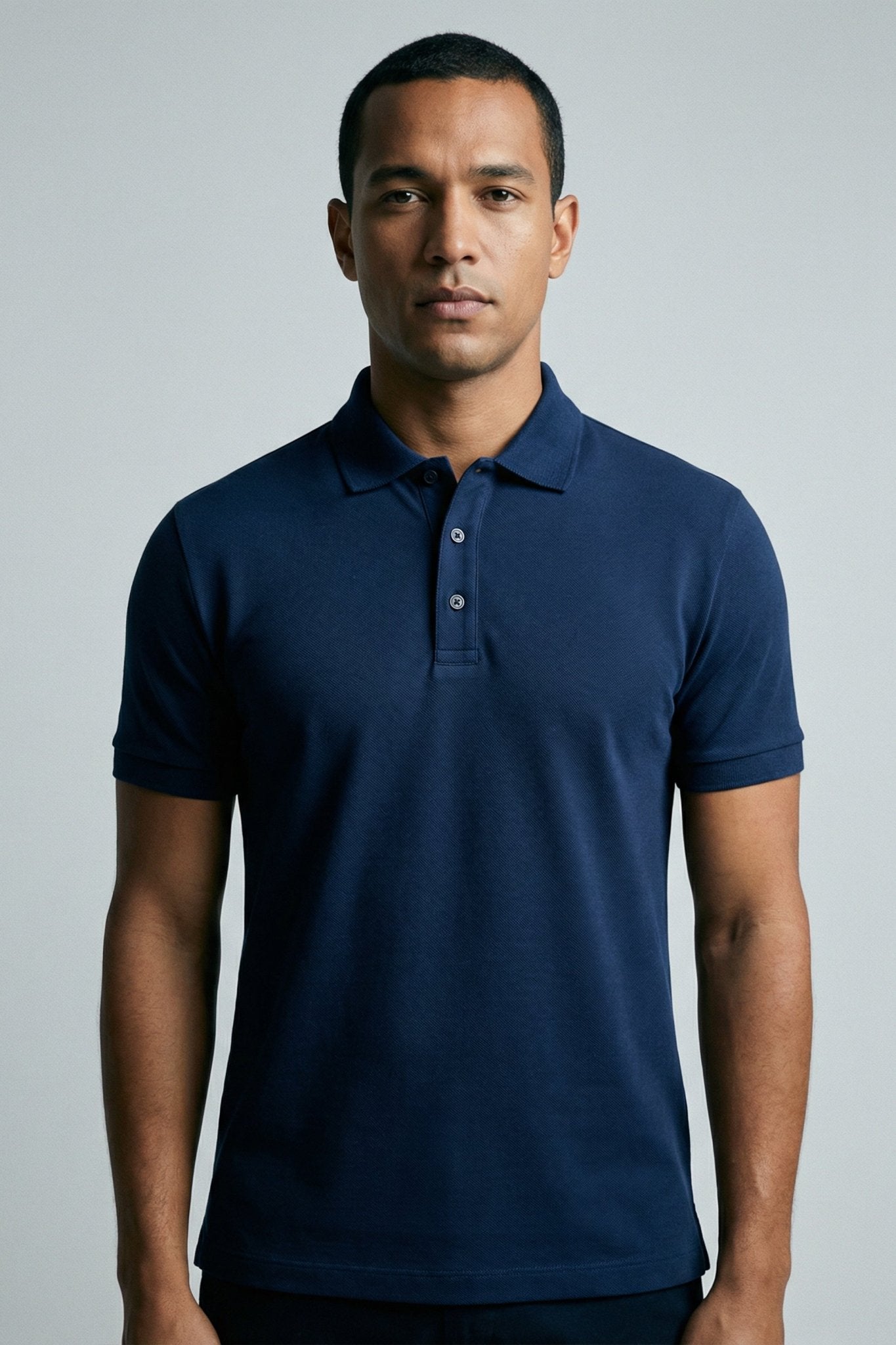 Polo masculina azul marinho em algodão pima com elastano, tecido tecnológico liso que une a nobreza do algodão peruano com a flexibilidade do elastano