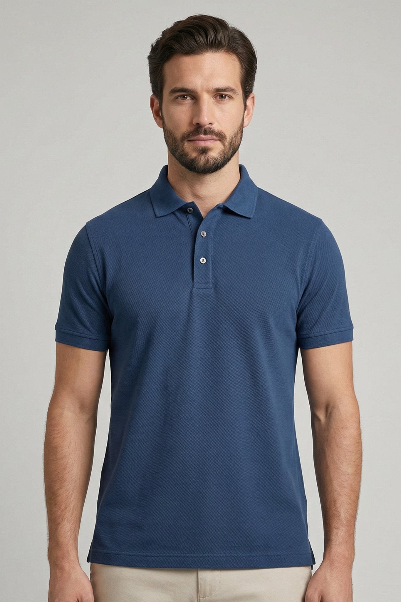 Polo masculina azul médio em algodão pima com elastano, malha piquet premium com tonalidade equilibrada, toque suave e alta durabilidade para um visual moderno