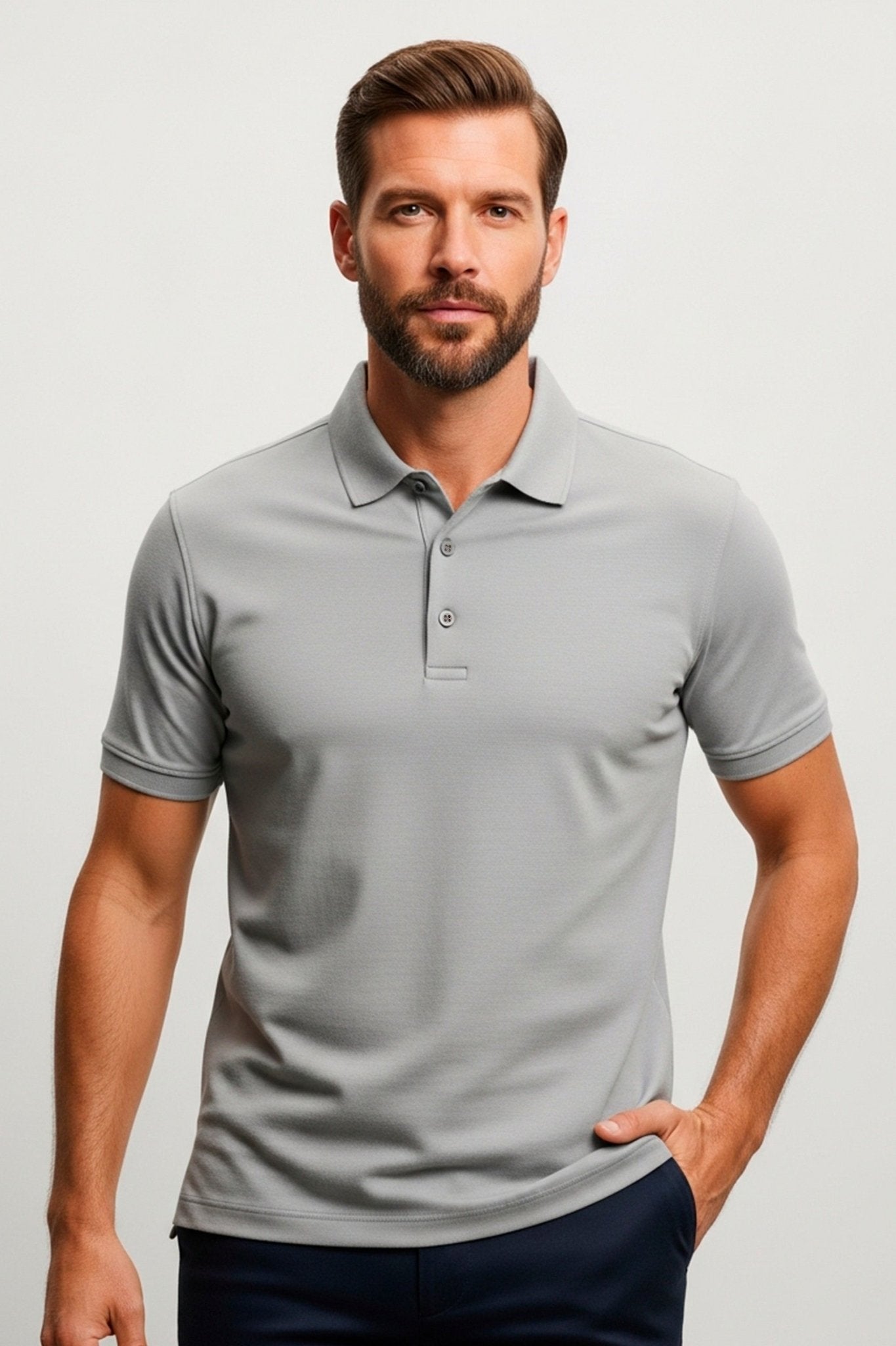 Polo masculina cinza claro em algodão pima com elastano, malha piquet de alto padrão com tonalidade suave, toque refrescante e caimento impecável