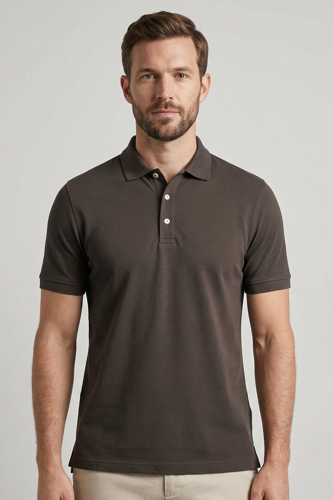 Polo masculina marrom acinzentado em algodão pima com elastano, cor neutra moderna com acabamento de luxo e ajuste flexível para máxima versatilidade