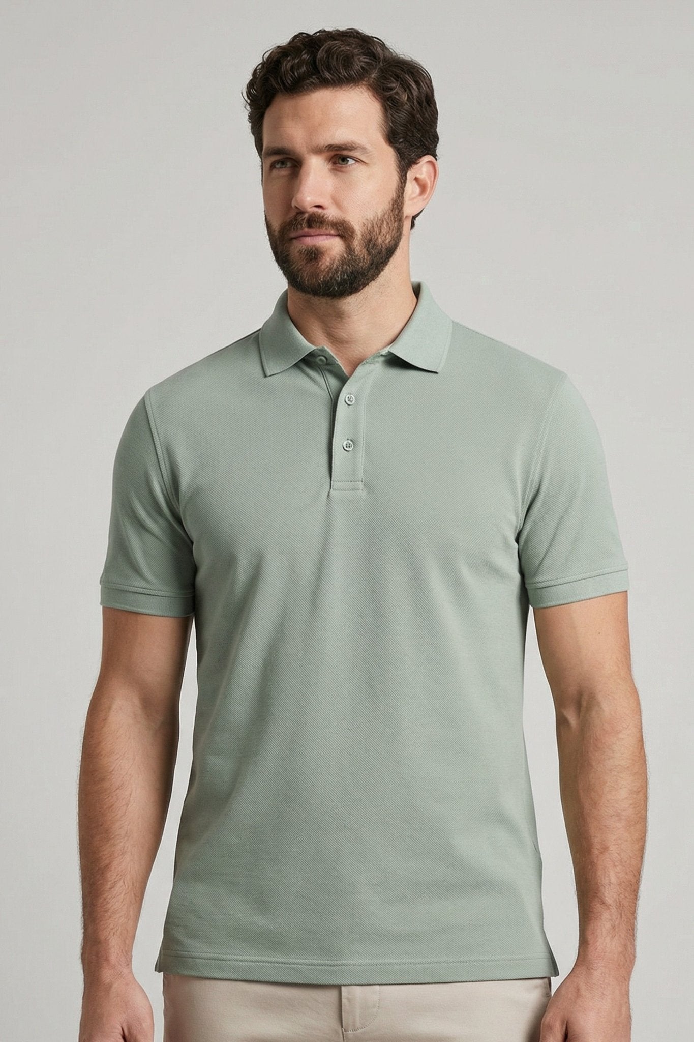 Polo masculina verde claro em algodão pima com elastano, tonalidade suave e refrescante com a nobreza da malha piquet para um visual leve e sofisticado
