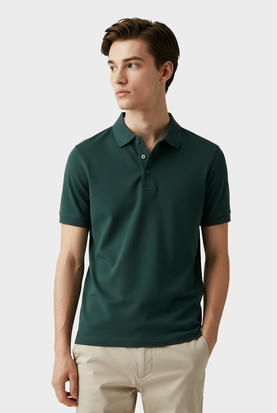 Polo masculina verde escuro em algodão pima com elastano, malha piquet de luxo com toque extremamente macio e ajuste impecável ao corpo
