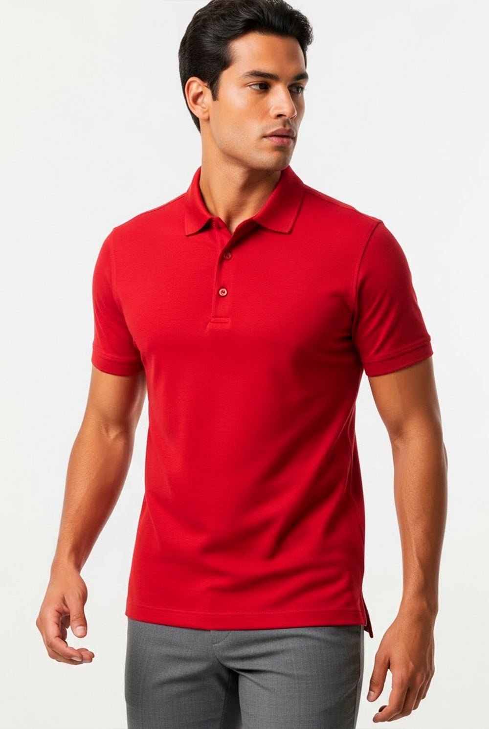 Polo masculina vermelho carmesim em algodão pima com elastano, piquet de luxo com cor vibrante e profunda e toque extra macio para um visual impactante