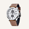 Relogio masculino Classic Civano em couro marrom com visor branco, design elegante e acabamento sofisticado