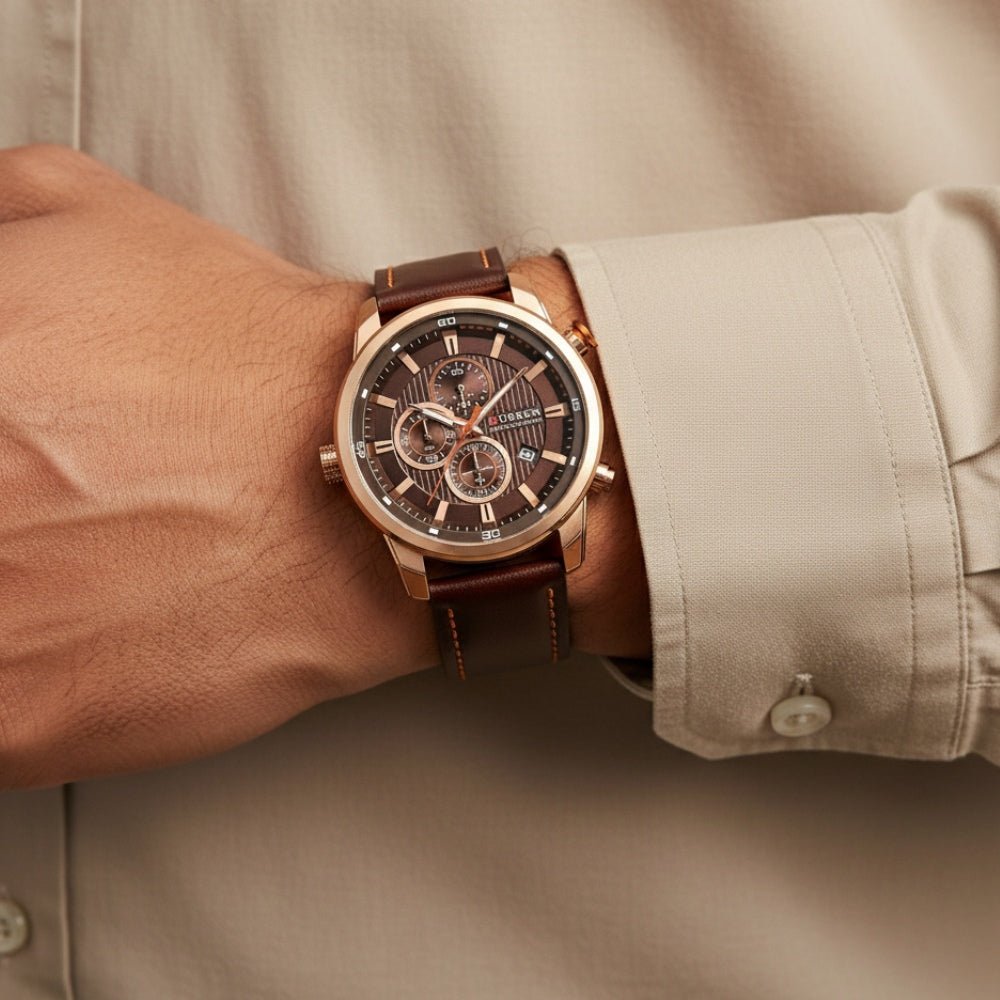 Relogio masculino Dominus cronografo rosa em couro, design sofisticado com visual moderno e elegante