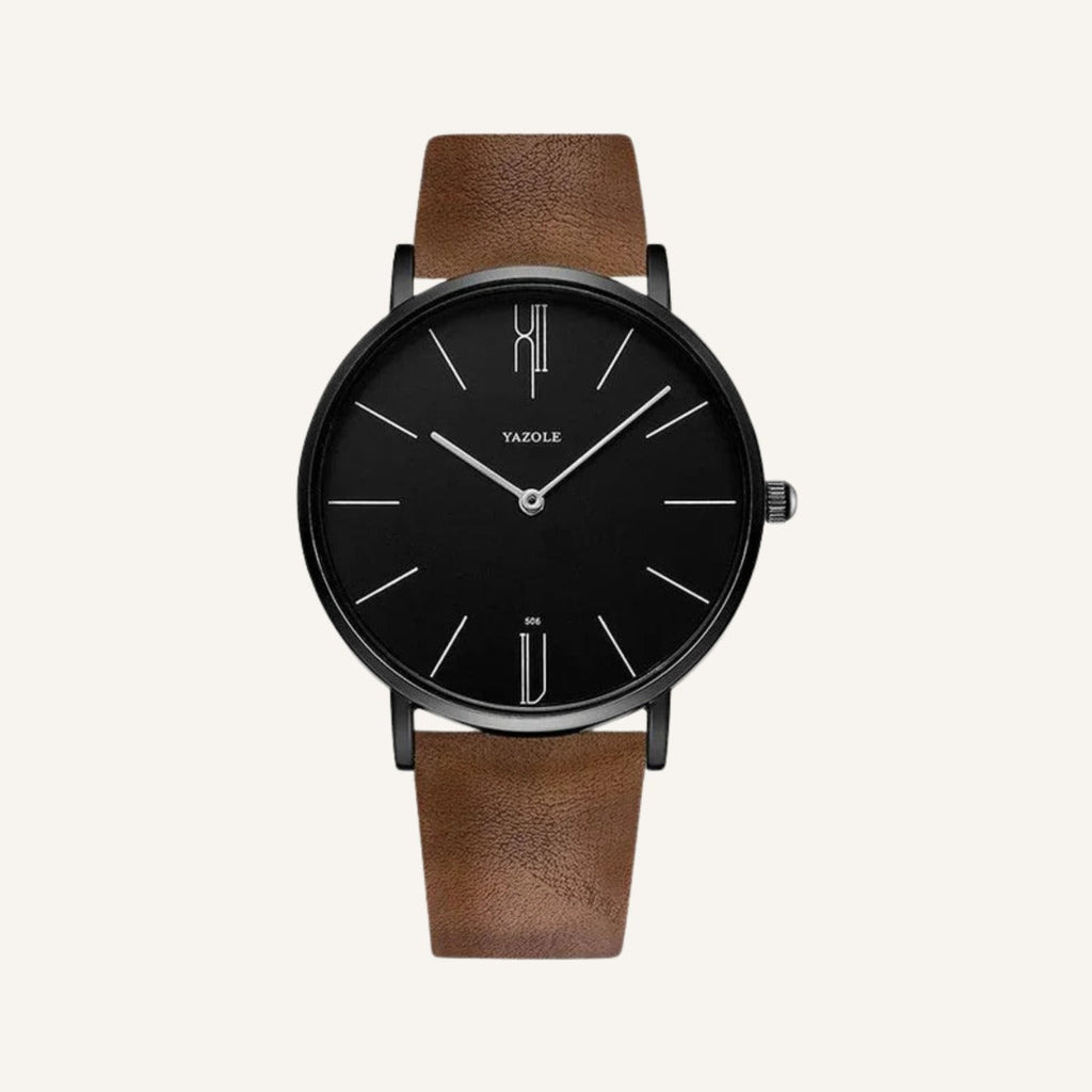 Relogio masculino Old Money Civano com pulseira marrom e mostrador preto, visual sofisticado com design elegante e classico