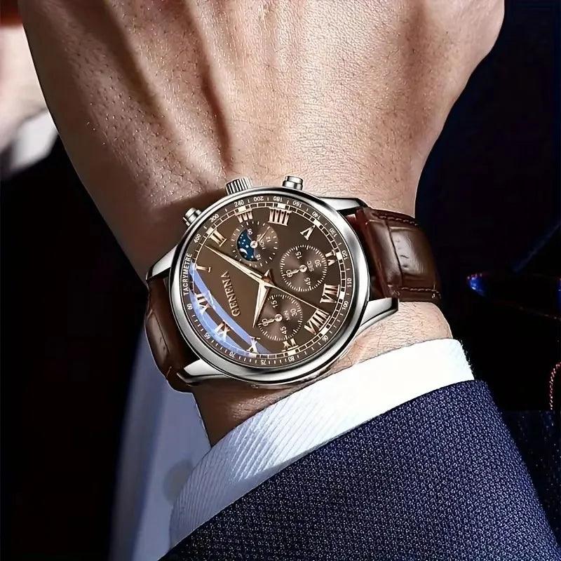 Relogio de couro masculino Genena marrom, acessorio elegante com visual sofisticado para qualquer ocasiao