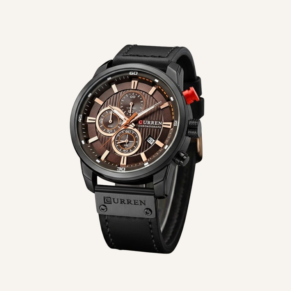 Relogio masculino preto Dominus cronografo em couro, estilo elegante com acabamento refinado e visual premium