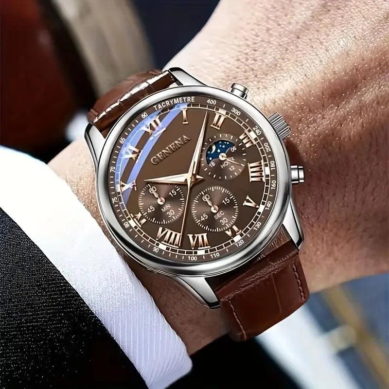 Relogio masculino marrom Genena em couro, estilo classico com acabamento refinado e toque moderno