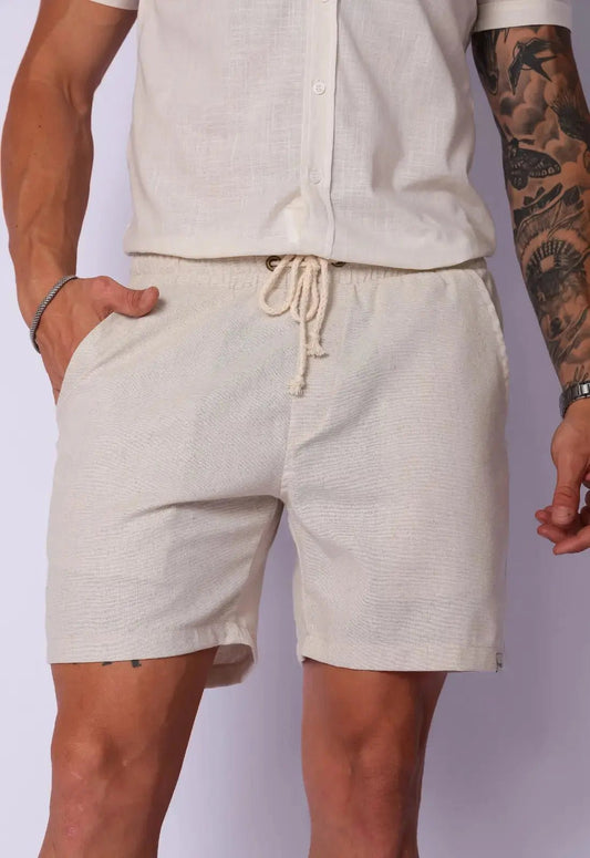 Shorts de linho masculino bege, tecido leve respiravel ideal para dias quentes com estilo elegante