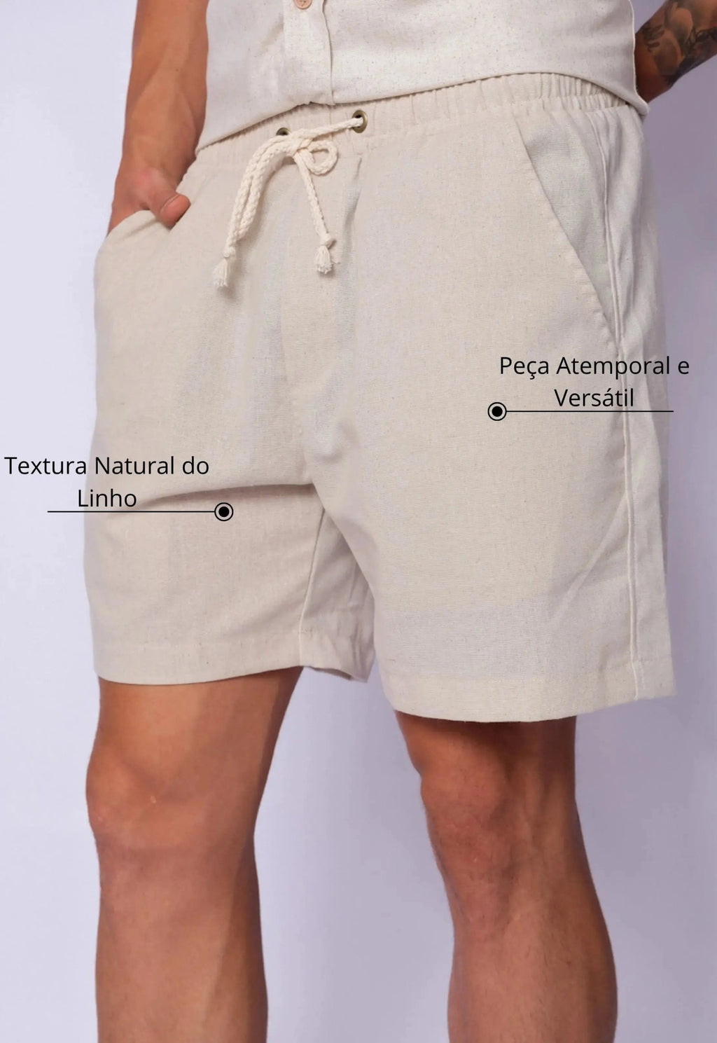 Shorts masculino bege em linho, visual casual elegante com conforto e leveza