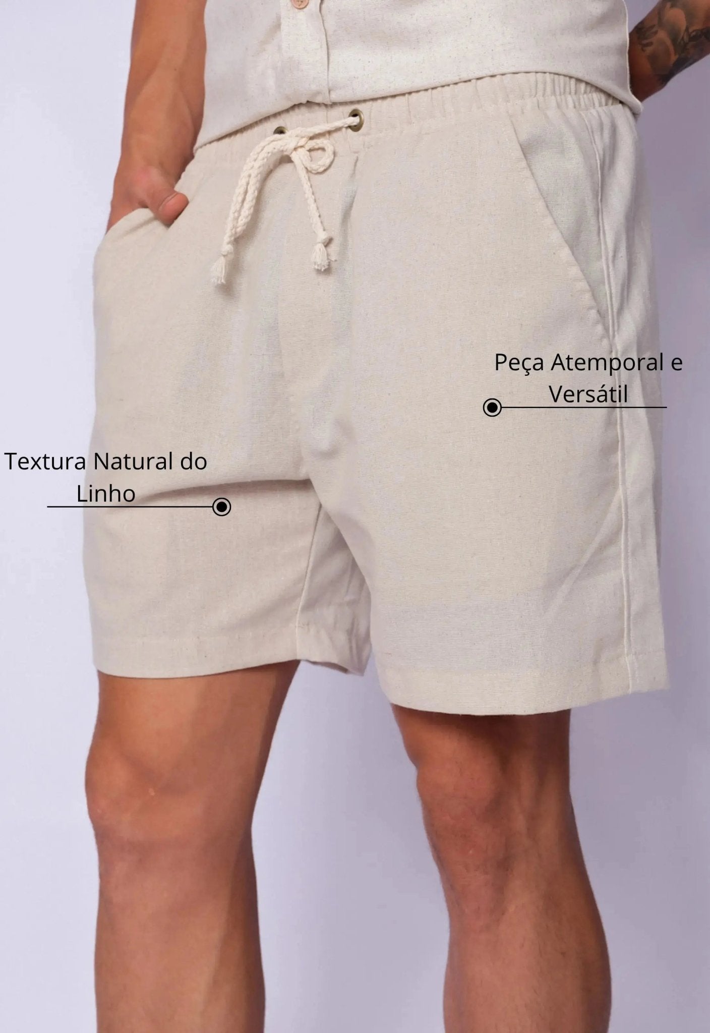Shorts masculino bege em linho, visual casual elegante com conforto e leveza